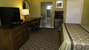 Desk, laptop workspace, free WiFi, bed sheets