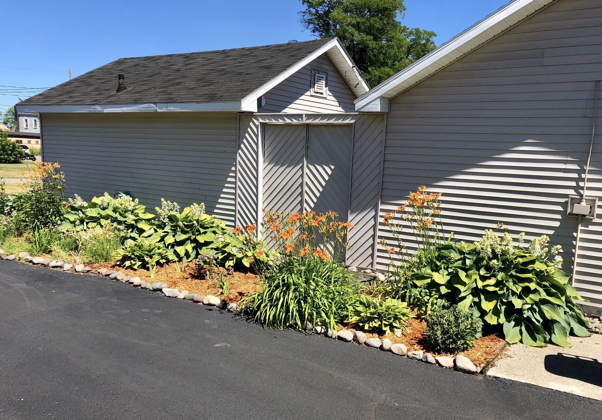 A single-story house with a garage door, surrounded by a garden with various plants and flowers.