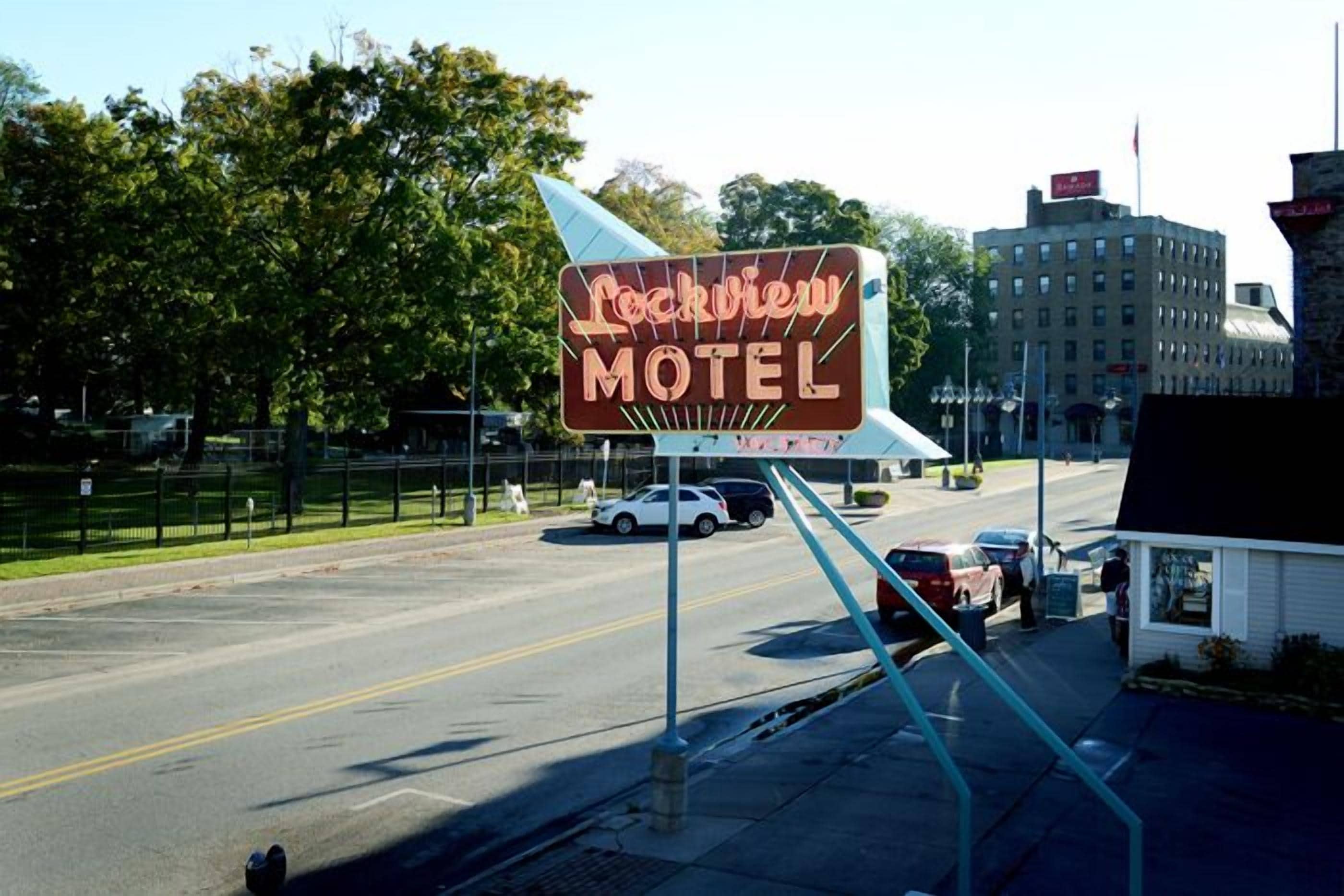 A motel sign with the name "Lockview Motel" in a retro style.