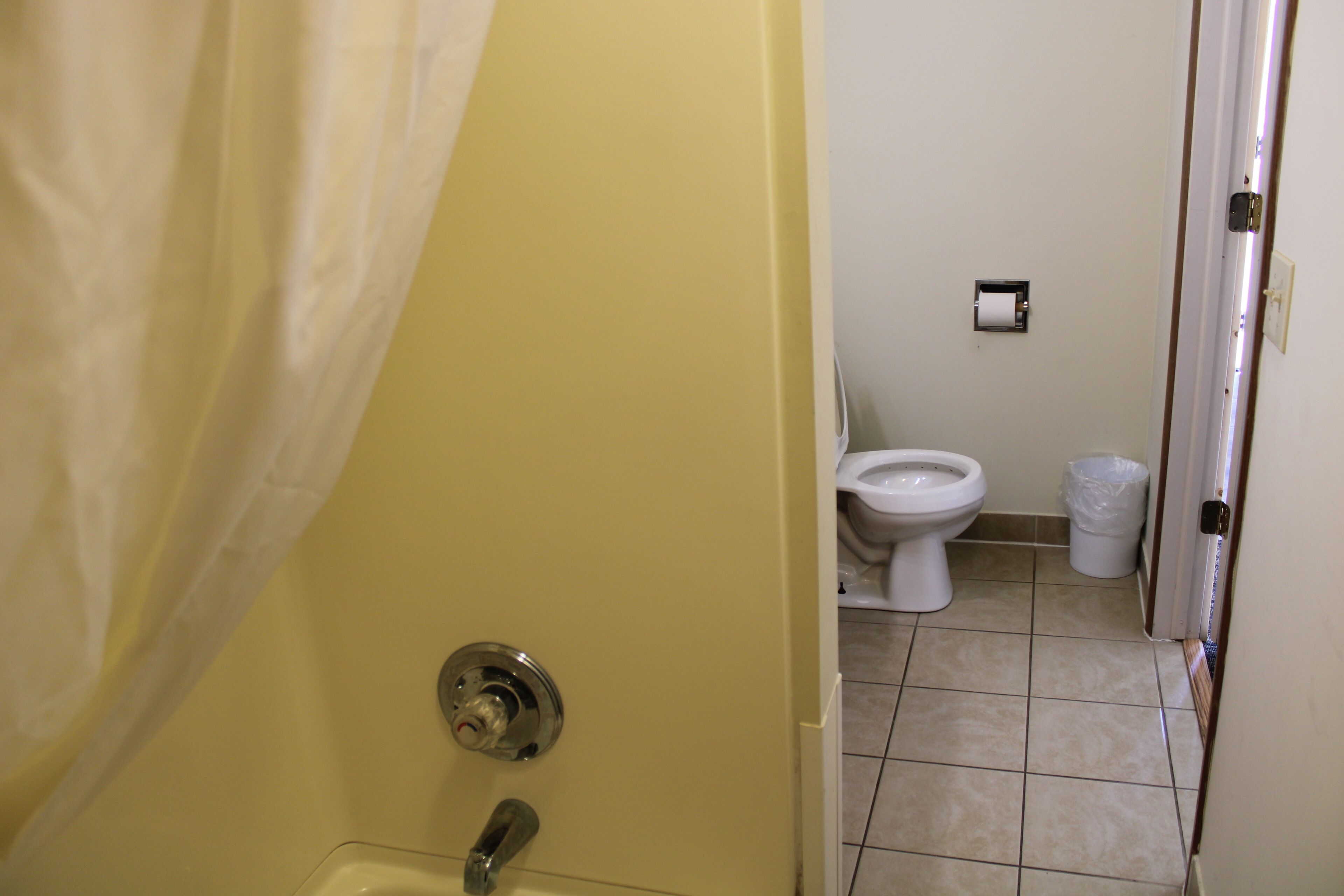 A bathroom with a toilet, a trash bin, and a shower curtain.
