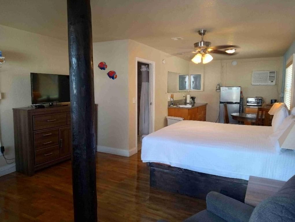 Une chambre d’hôtel comprenant un lit, un bureau, une télévision, une armoire et une salle de bain.