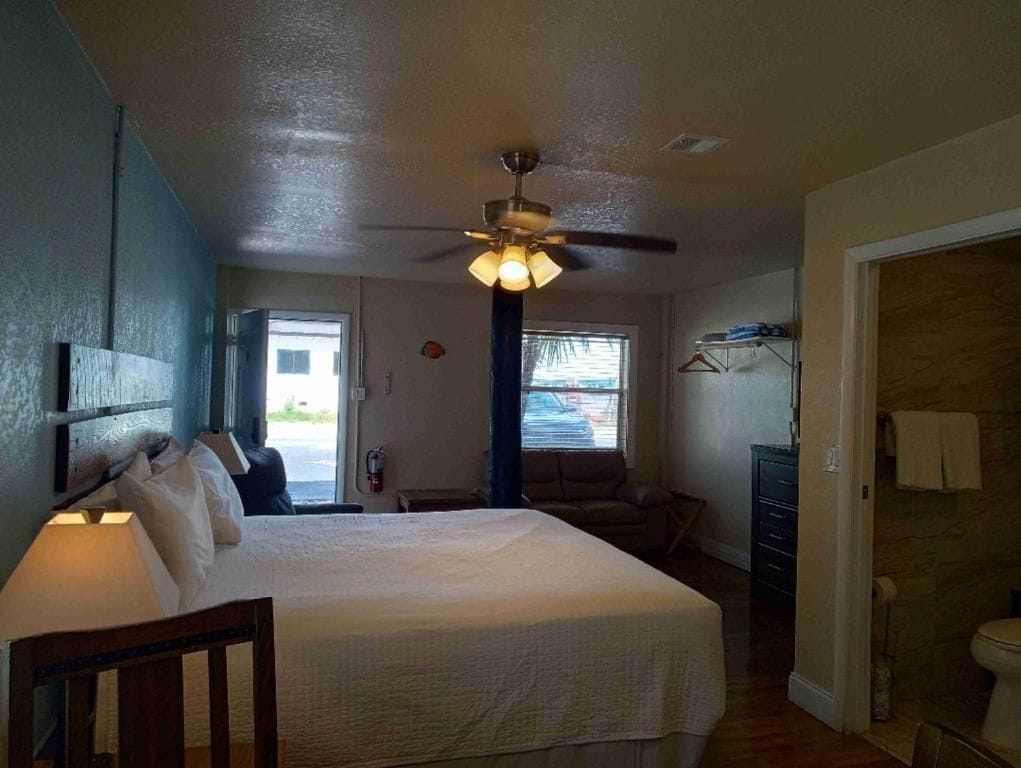 A bedroom with a bed, a ceiling fan, a window, and a door leading to a bathroom.