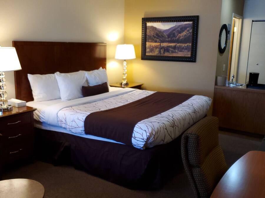 Une chambre d’hôtel avec un grand lit, deux lampes de chevet, une table de nuit, un bureau, une chaise, un miroir et un tableau au mur.