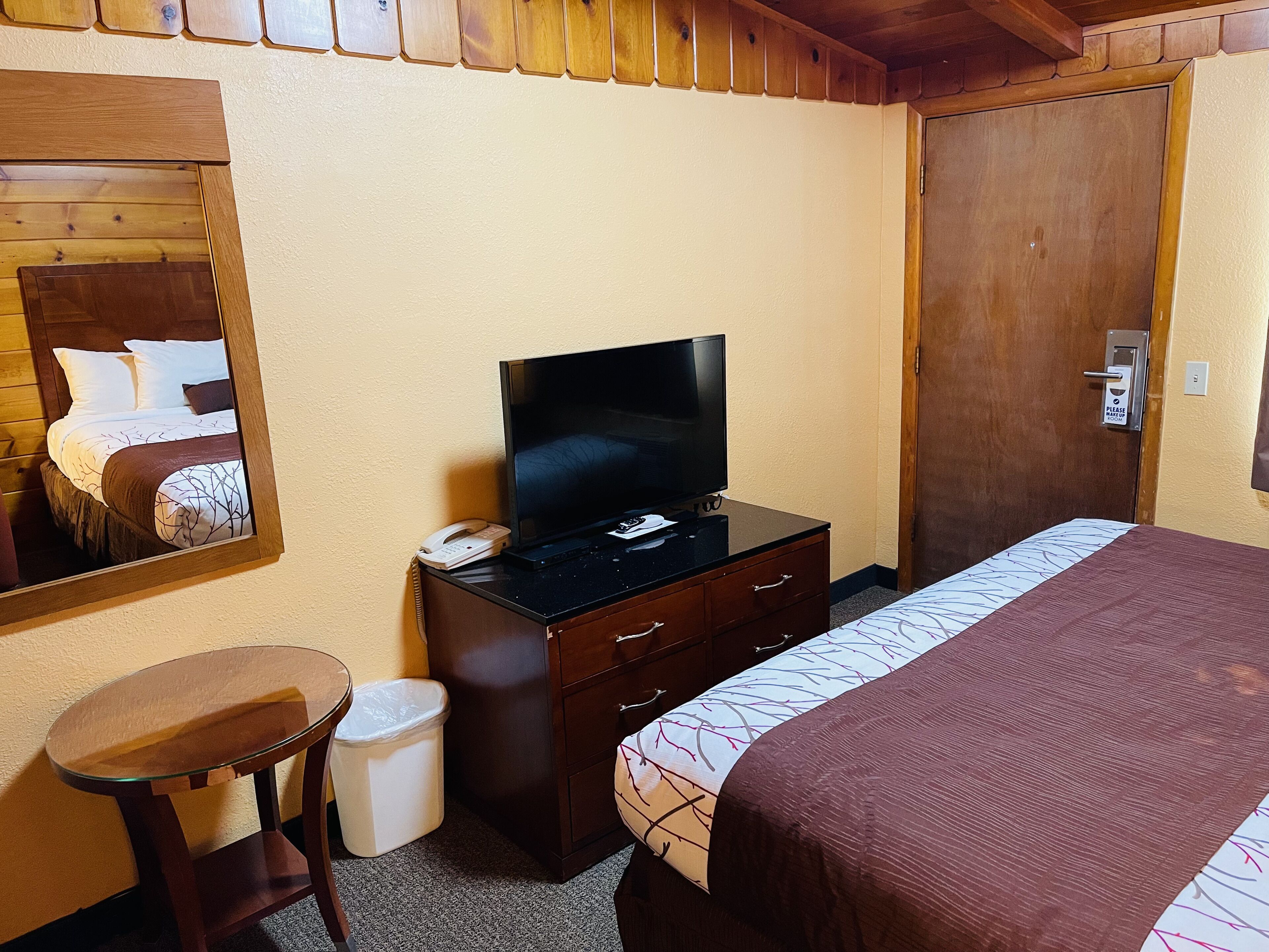 Una habitación de hotel con una cama, un televisor en una cómoda, un bote de basura y un espejo en la pared.