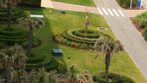 A well-maintained garden with manicured lawns, palm trees, and flower beds. - Breakers Resort Inn (Virginia Beach)