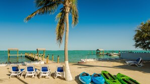 A beach with lounge chairs, kayaks, and a wooden pier. - Drift Hotel (Key Largo)