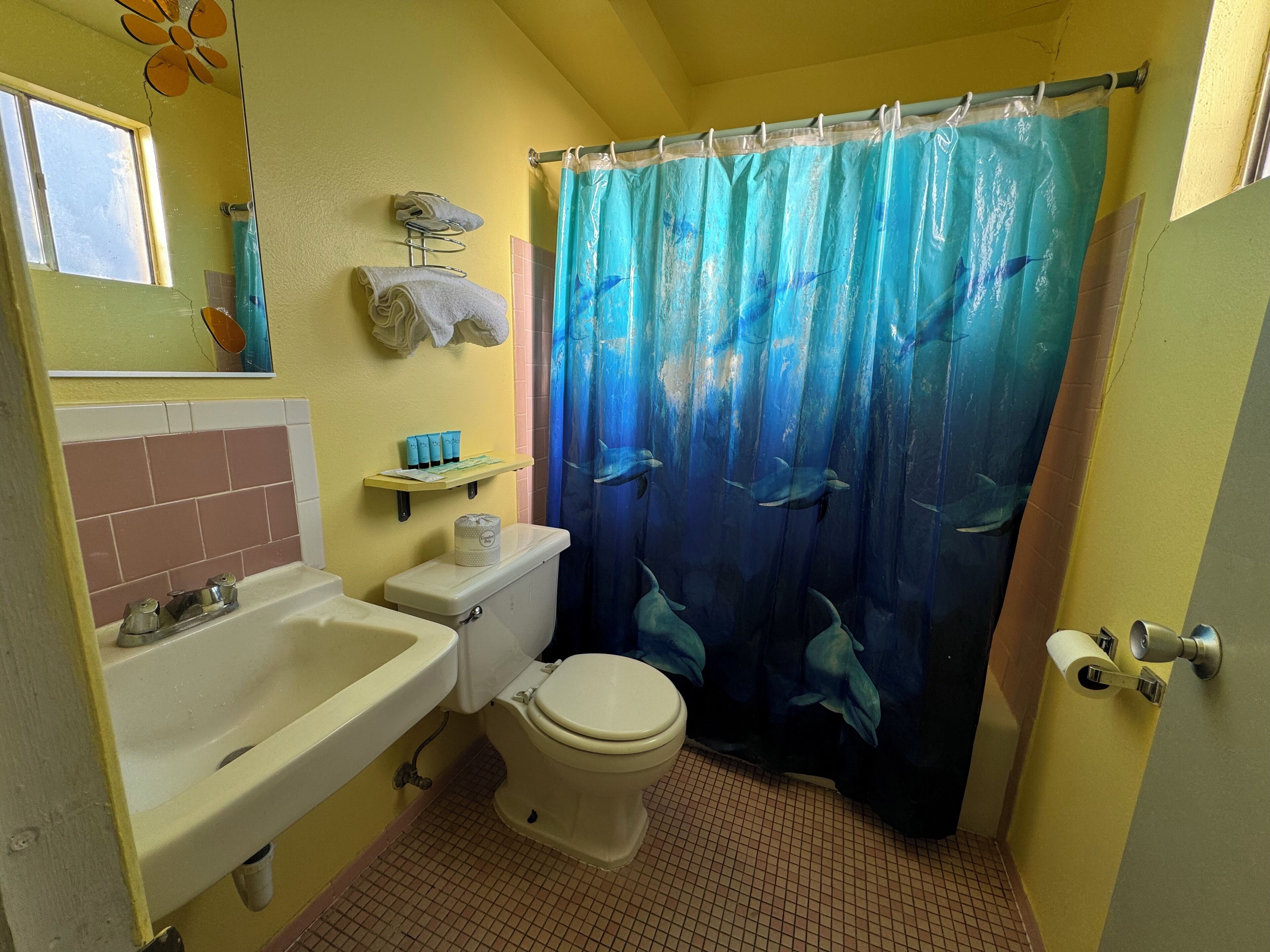 Une salle de bain avec des toilettes, un lavabo et un rideau de douche.