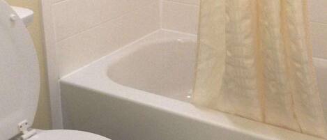 A bathroom with a toilet, a bathtub, and a shower curtain.