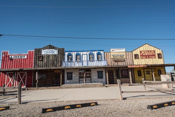 A row of wooden buildings with signs for various businesses including a livery, a fish hatchery, and a stage & freight service.