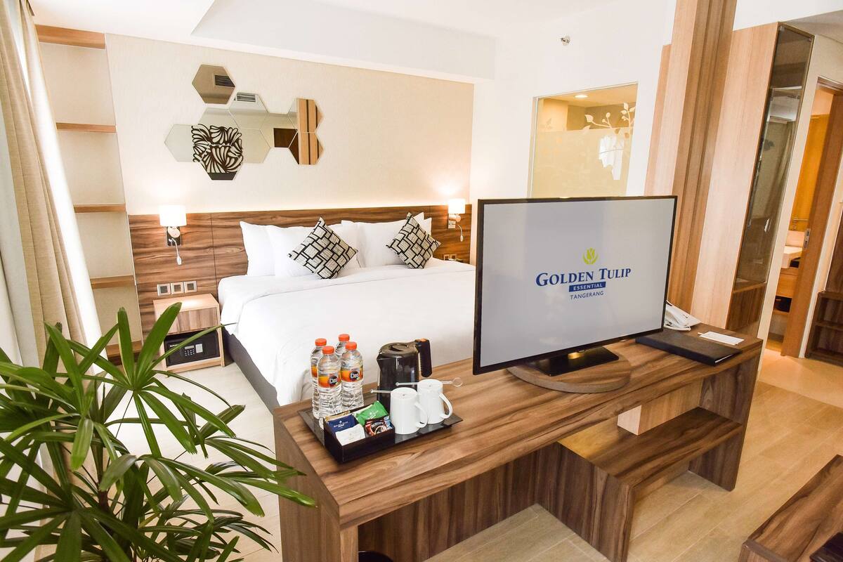 A hotel room with a bed, a TV, a wooden desk, and a plant.