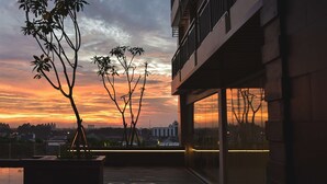 Vista del capvespre des d'un balcó amb un edifici modern i un arbre al primer pla.