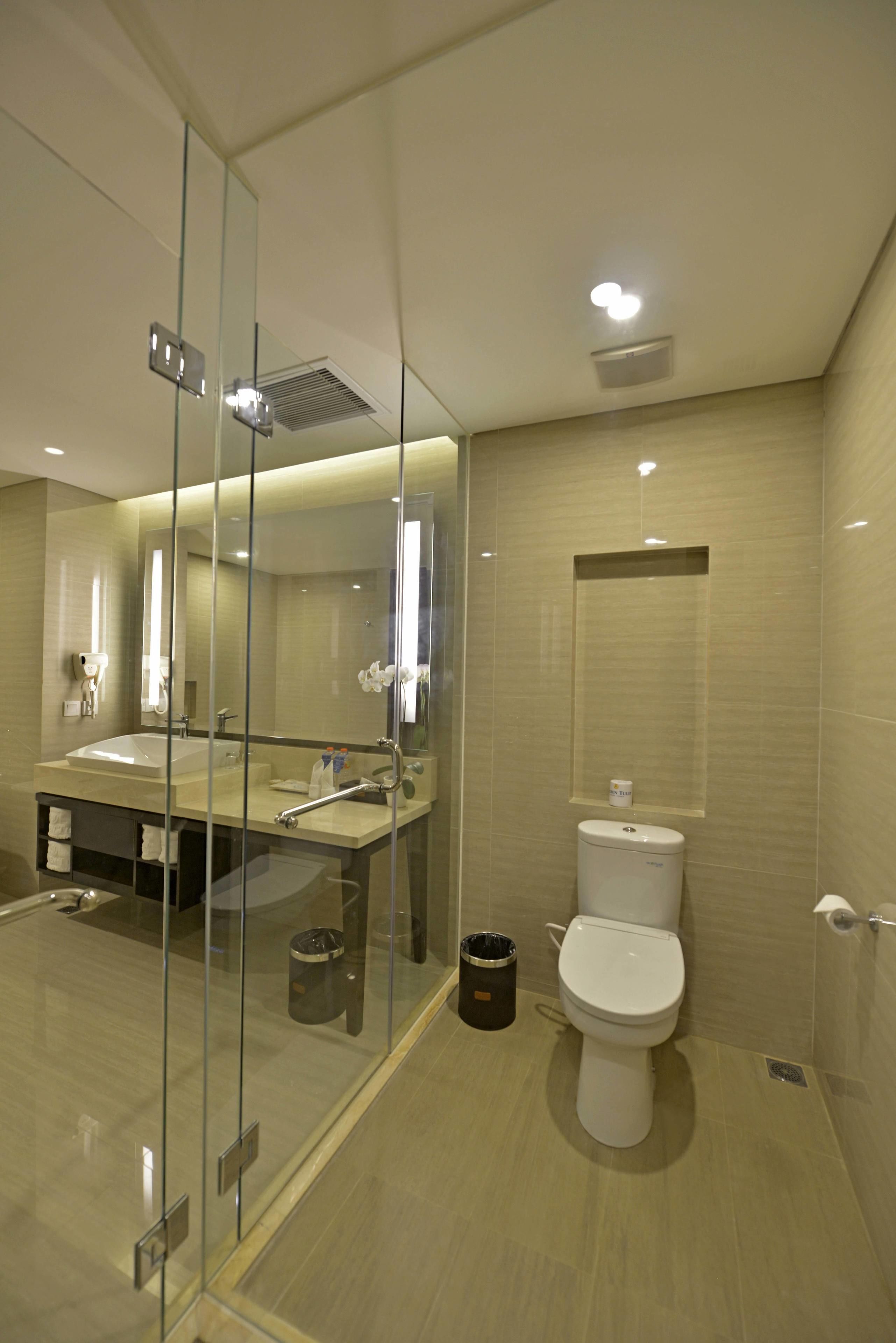 A modern bathroom with a glass-enclosed shower, a large mirror, a toilet, and a sink.
