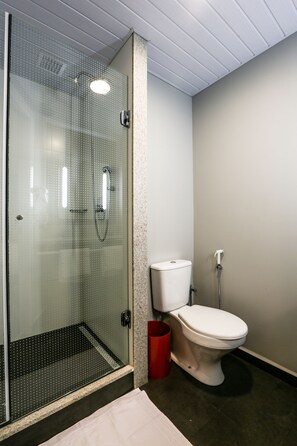 Dusche, umweltfreundliche Kosmetikartikel, Haartrockner, Handtücher