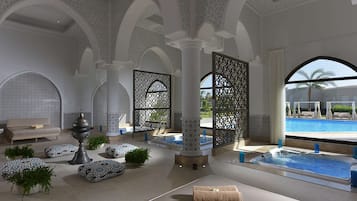 Een sauna, een bubbelbad, een stoombad, een Turks bad/hammam