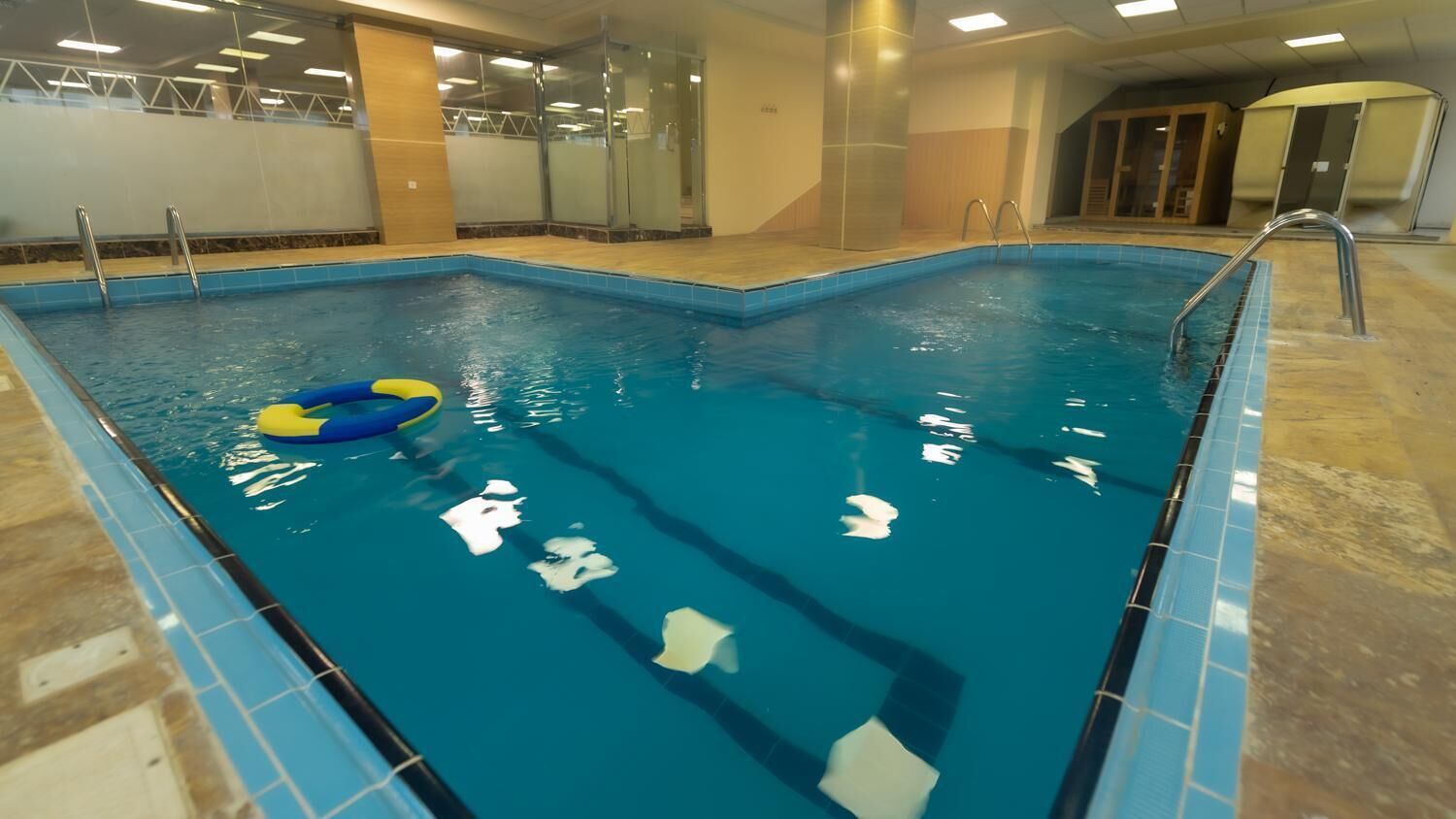 indoor pool, outdoor pool, pool loungers