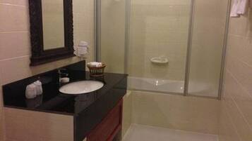 Shower, free toiletries, hair dryer, slippers