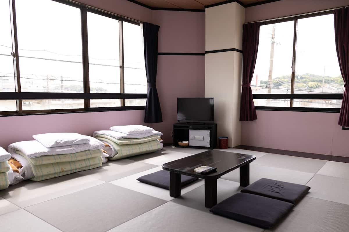 A room with tatami mats, a television, a small cabinet, and a window with curtains.