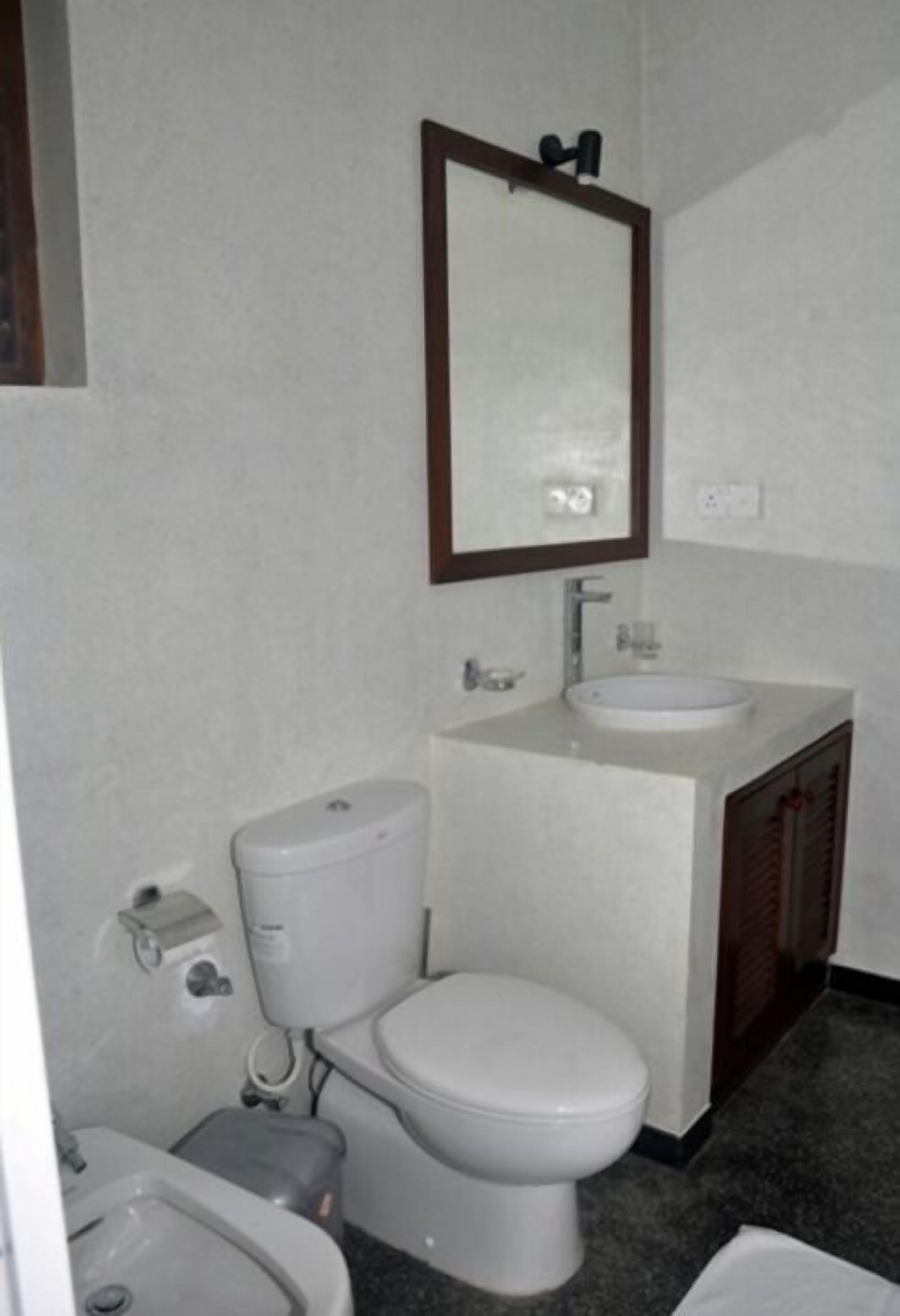 A small, compact bathroom with a toilet, bidet, and sink.