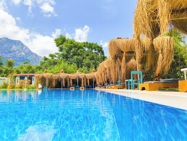 Outdoor pool, pool umbrellas, pool loungers