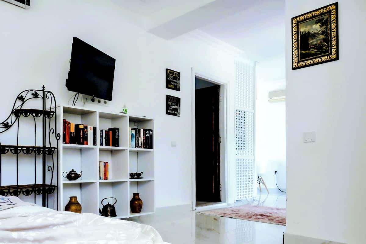 A bedroom with a bed, a bookshelf, a flat-screen TV, and a door leading to another room.
