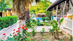 A garden with a palm tree, a pool, and a building with a balcony. - Erendiz Garden Hotel (Kemer)