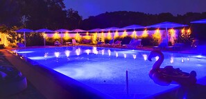 Outdoor pool, pool umbrellas, pool loungers