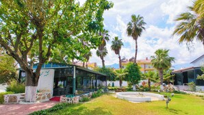 A well-maintained garden with a glass-enclosed structure, palm trees, and a stone wall. - Erendiz Garden Hotel (Kemer)