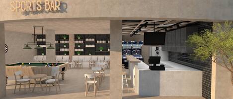 A sports bar with a pool table, seating area, and bar counter.