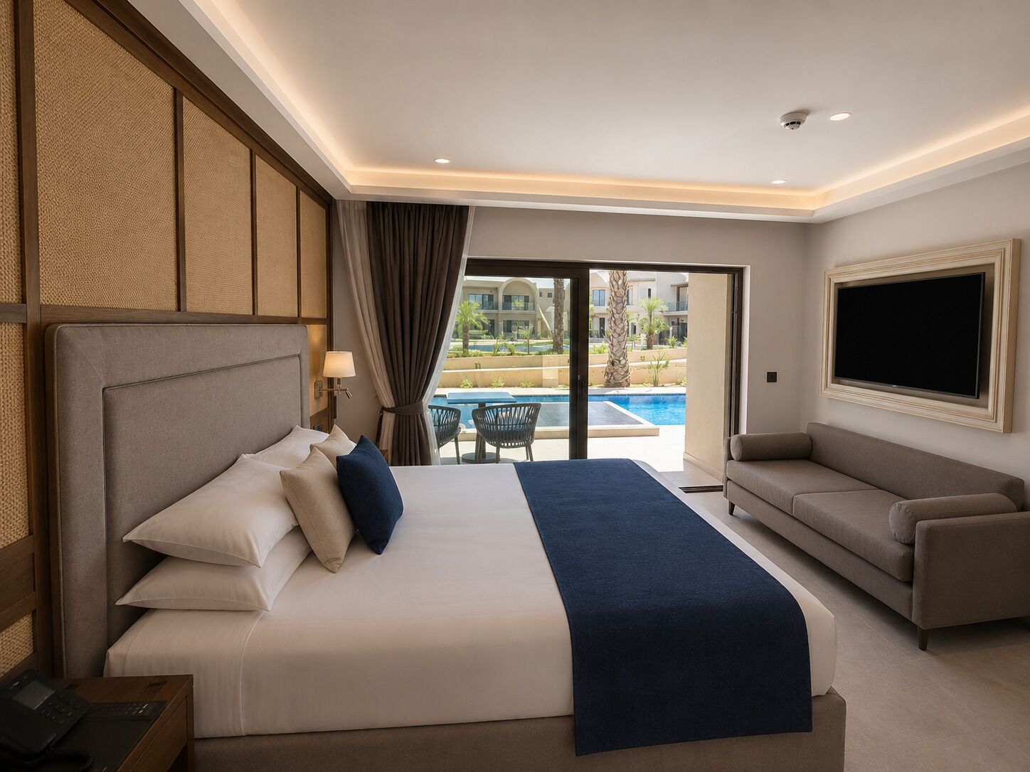 A hotel room with a bed, a sofa, a TV, and a view of a swimming pool.