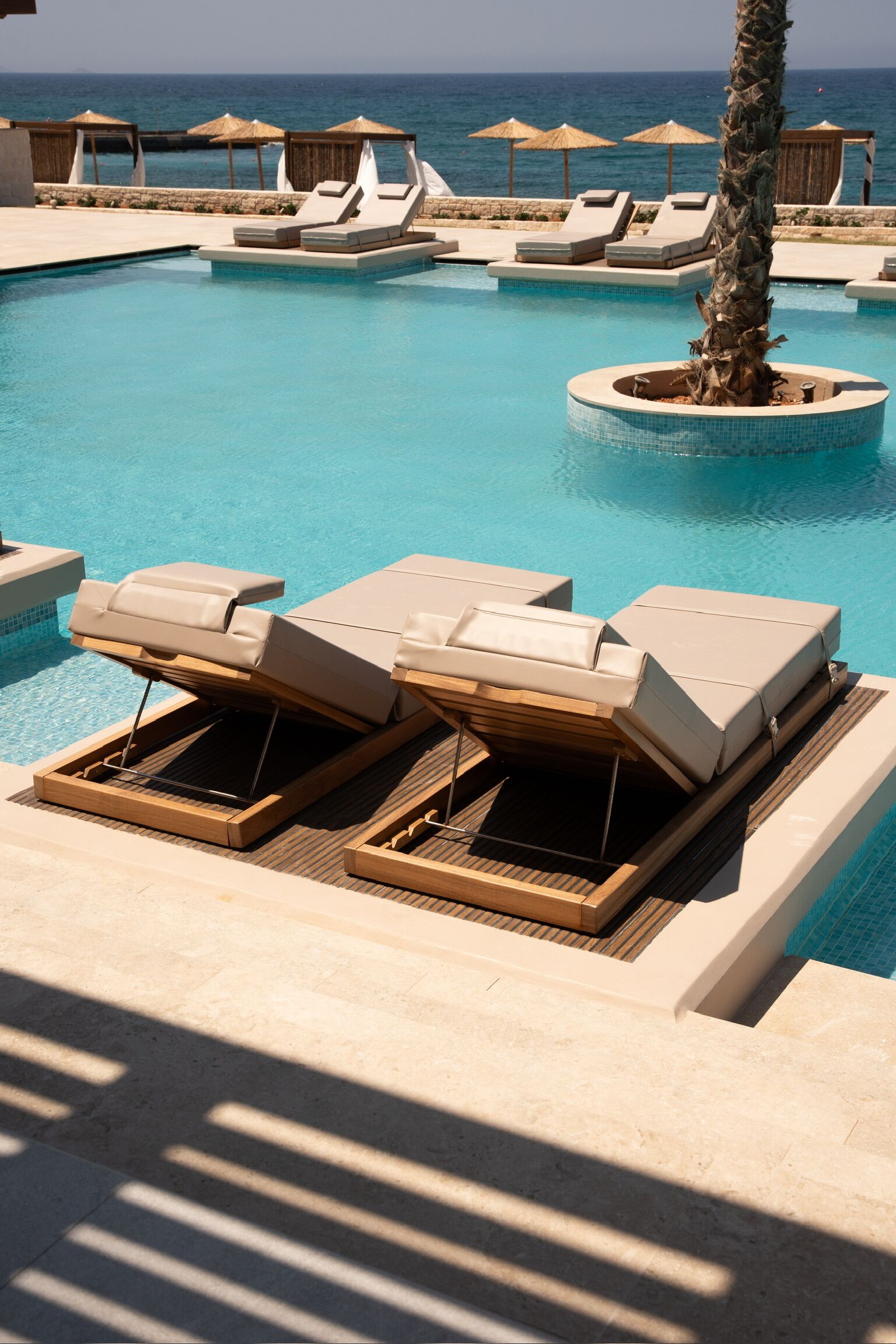 A pool area with lounge chairs and umbrellas, a palm tree, and a view of the ocean.