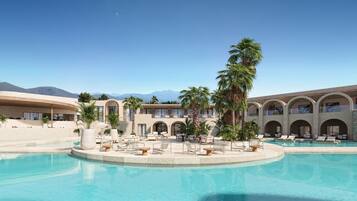 2 outdoor pools, pool umbrellas, pool loungers