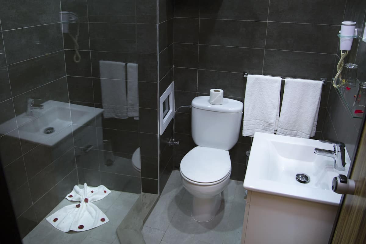 standard single room, pool view | bathroom | shower, hair dryer, towels