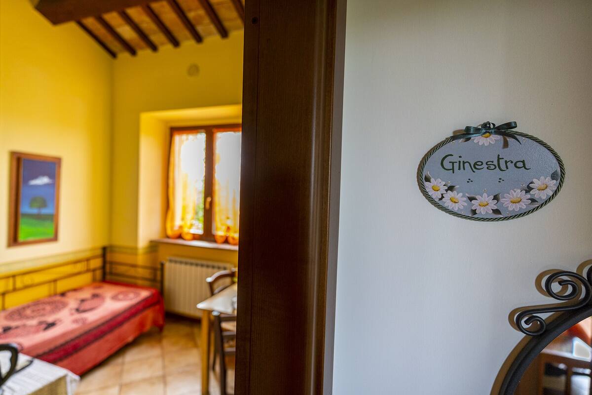 A room with a bed, a window with curtains, a radiator, and a wall decoration with the name "Ginestra".