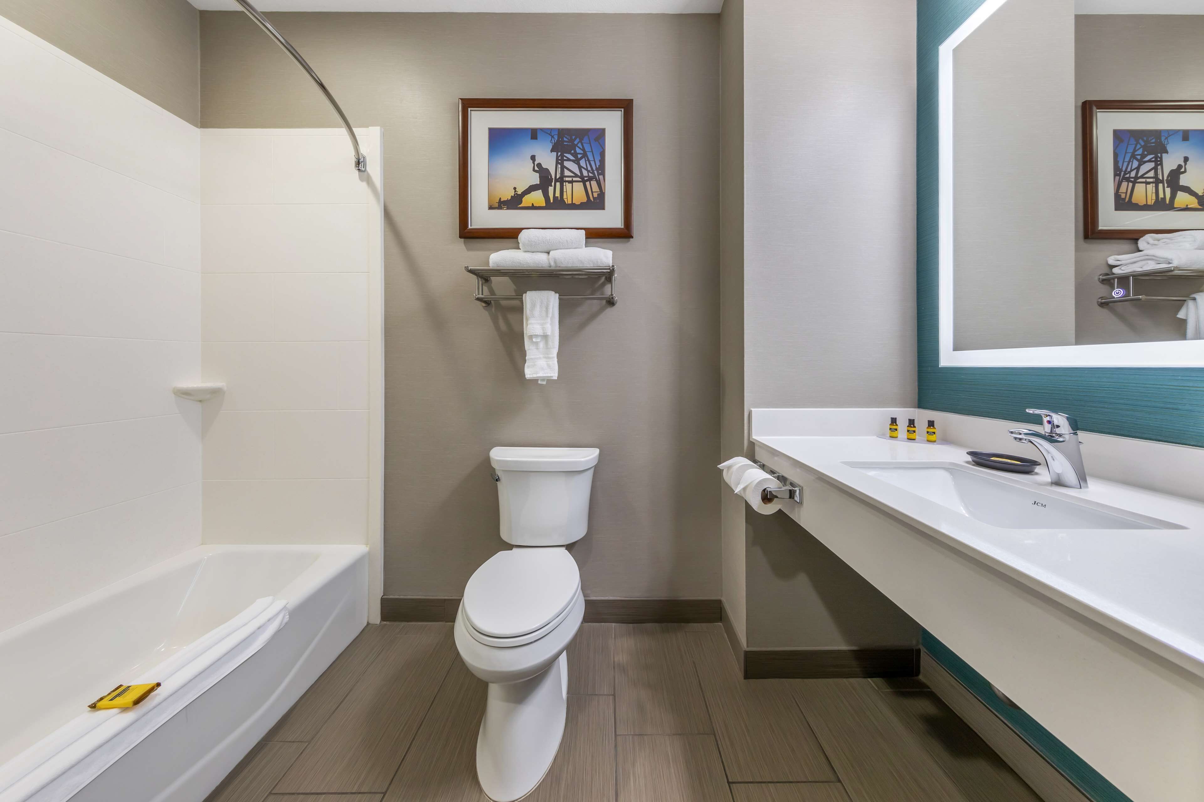 standard room, 1 king bed, non smoking, refrigerator & microwave | bathroom | combined shower/bathtub, free toiletries, hair dryer, towels