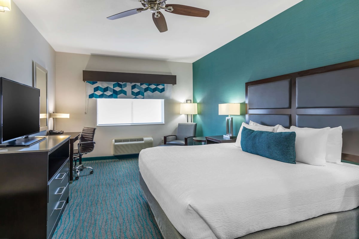 A hotel room with a bed, desk, TV, chairs, and a ceiling fan.