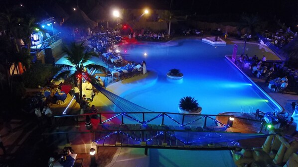 Outdoor pool, pool umbrellas, pool loungers