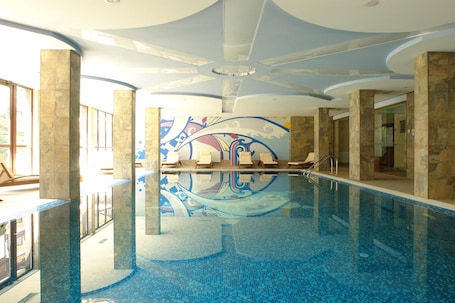 Indoor pool, open 10:30 AM to 8:00 PM, sun loungers, lifeguards on site