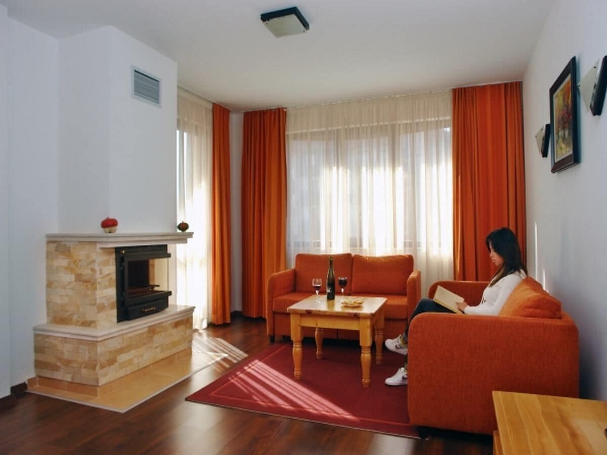 A living room with a fireplace, a sofa, a coffee table, and a person reading a book.