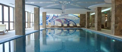 Indoor pool, open 10:30 AM to 8:00 PM, sun loungers, lifeguards on site