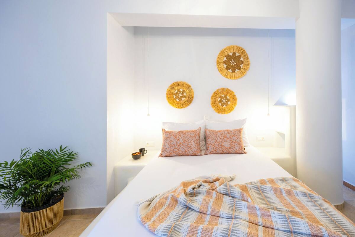 A modern bedroom with a large bed, two decorative wall hangings, a potted plant, and a striped blanket.