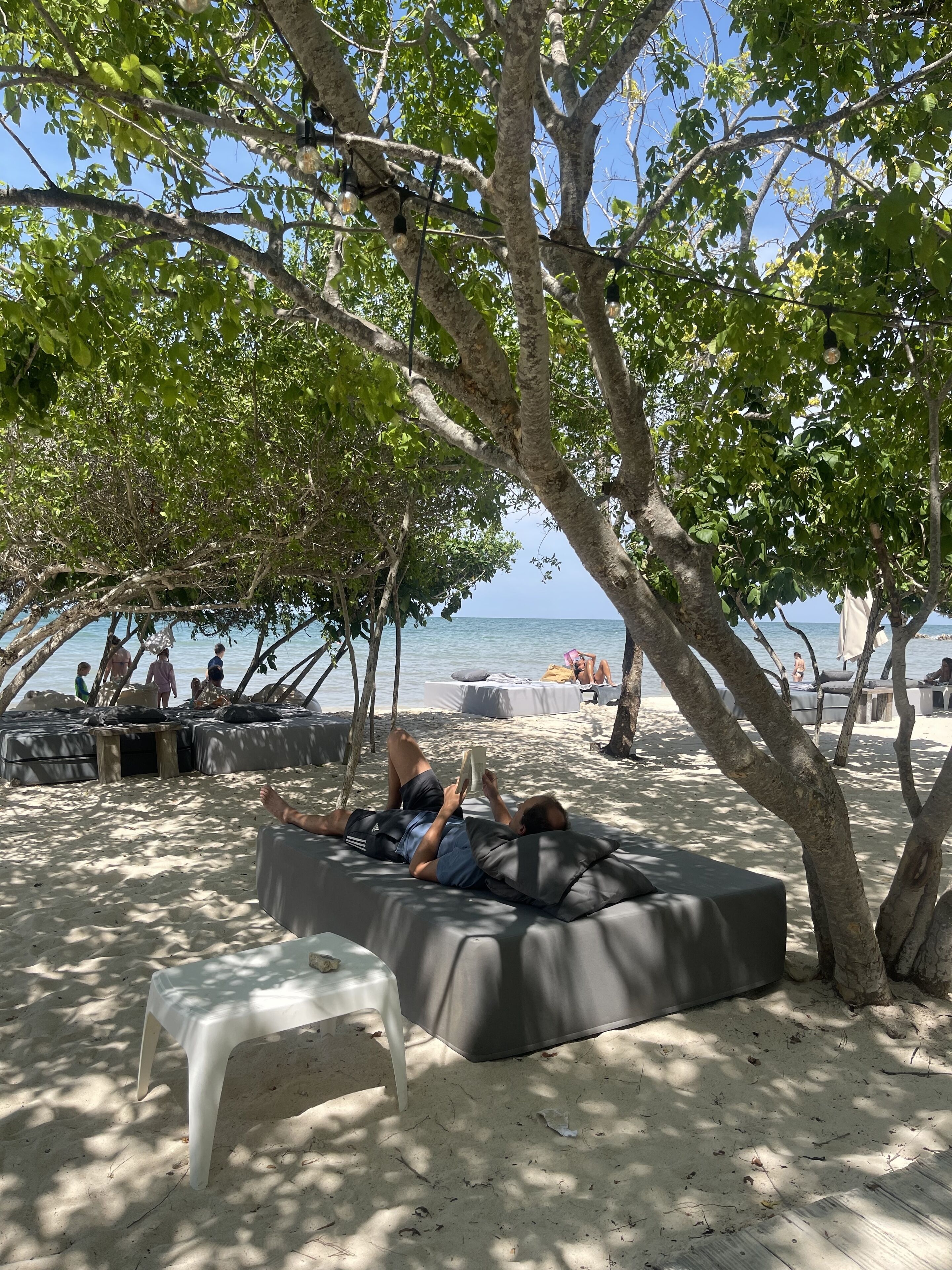 Een strandsetting met een persoon die ontspannen ligt op een zak stoel onder een boom, een witte plastic tafel en een zandstrand.