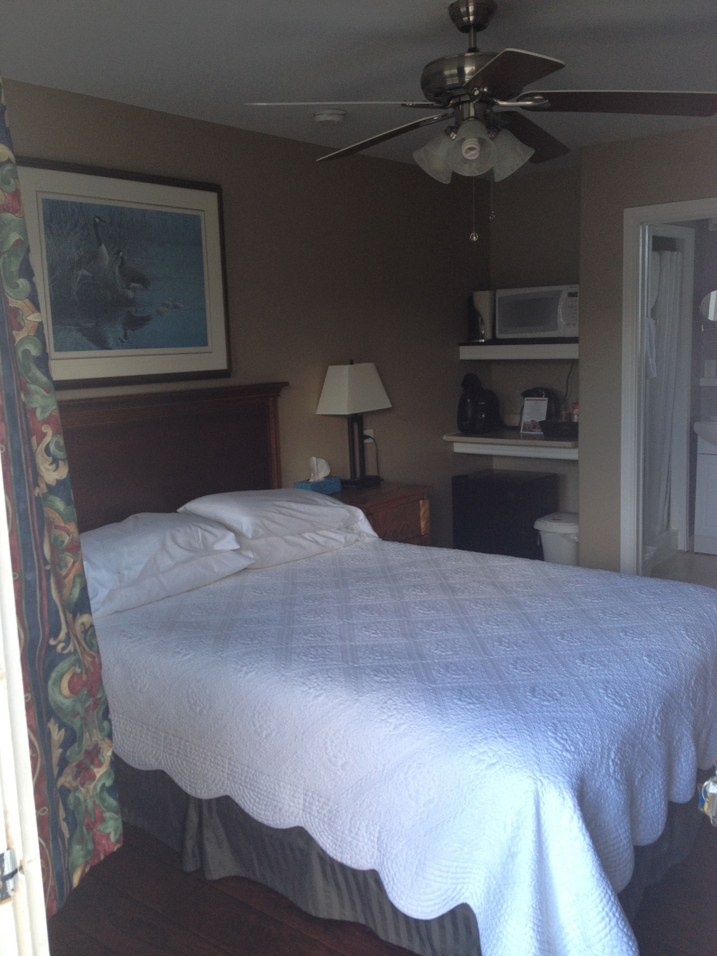 A bedroom with a bed, a ceiling fan, a painting on the wall, a lamp, and a microwave on a shelf.