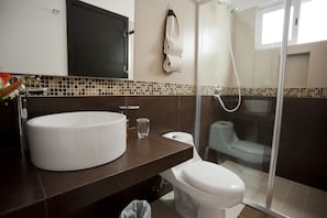 Shower, free toiletries, hair dryer