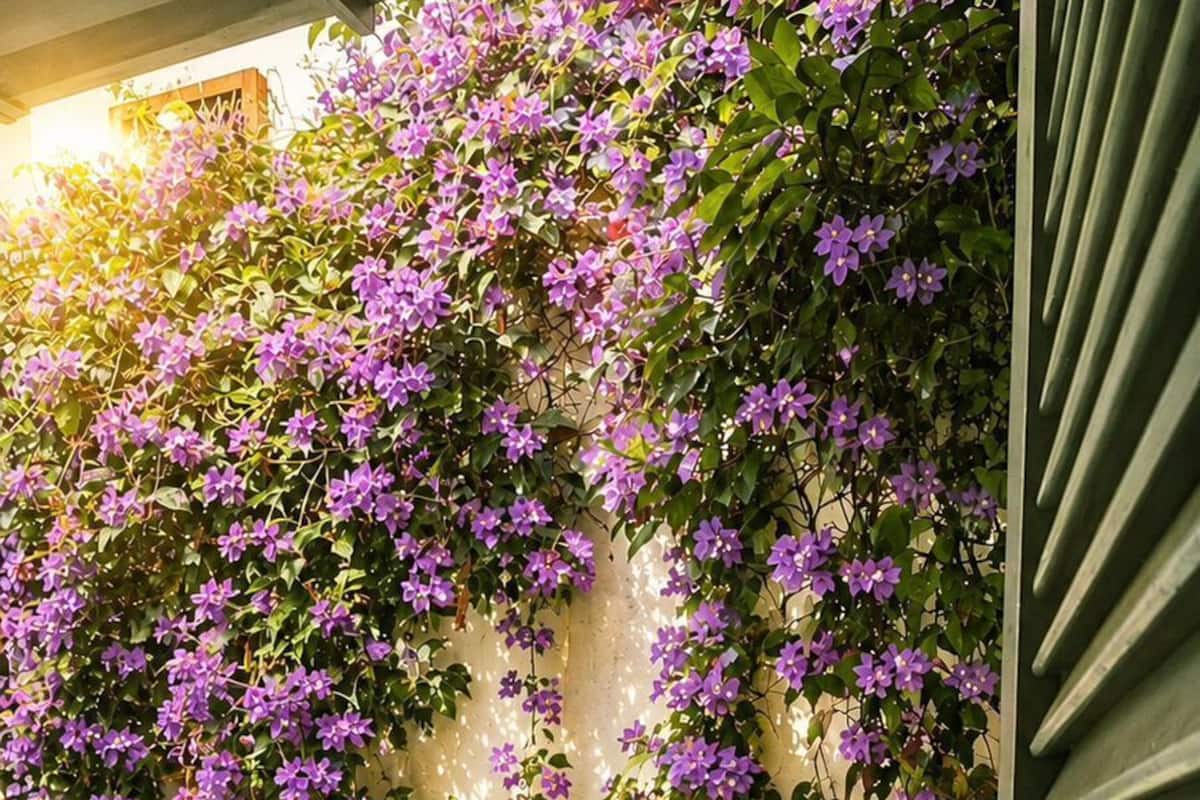 Une piscine dont le bord est recouvert de carrelage, entourée d’une végétation luxuriante et de fleurs violettes.