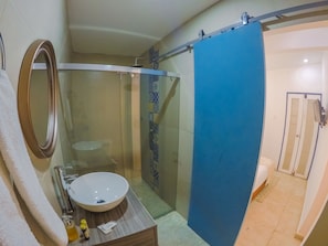 Shower, free toiletries, hair dryer, towels