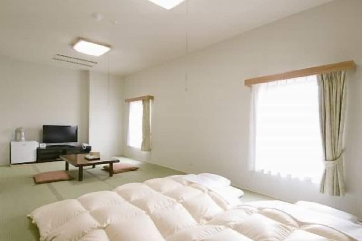 A hotel room with a bed, a desk with a computer, a television, and a window with curtains.
