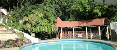 Piscina con un área de descanso cubierta, rodeada de abundante vegetación y una escalera que sube.