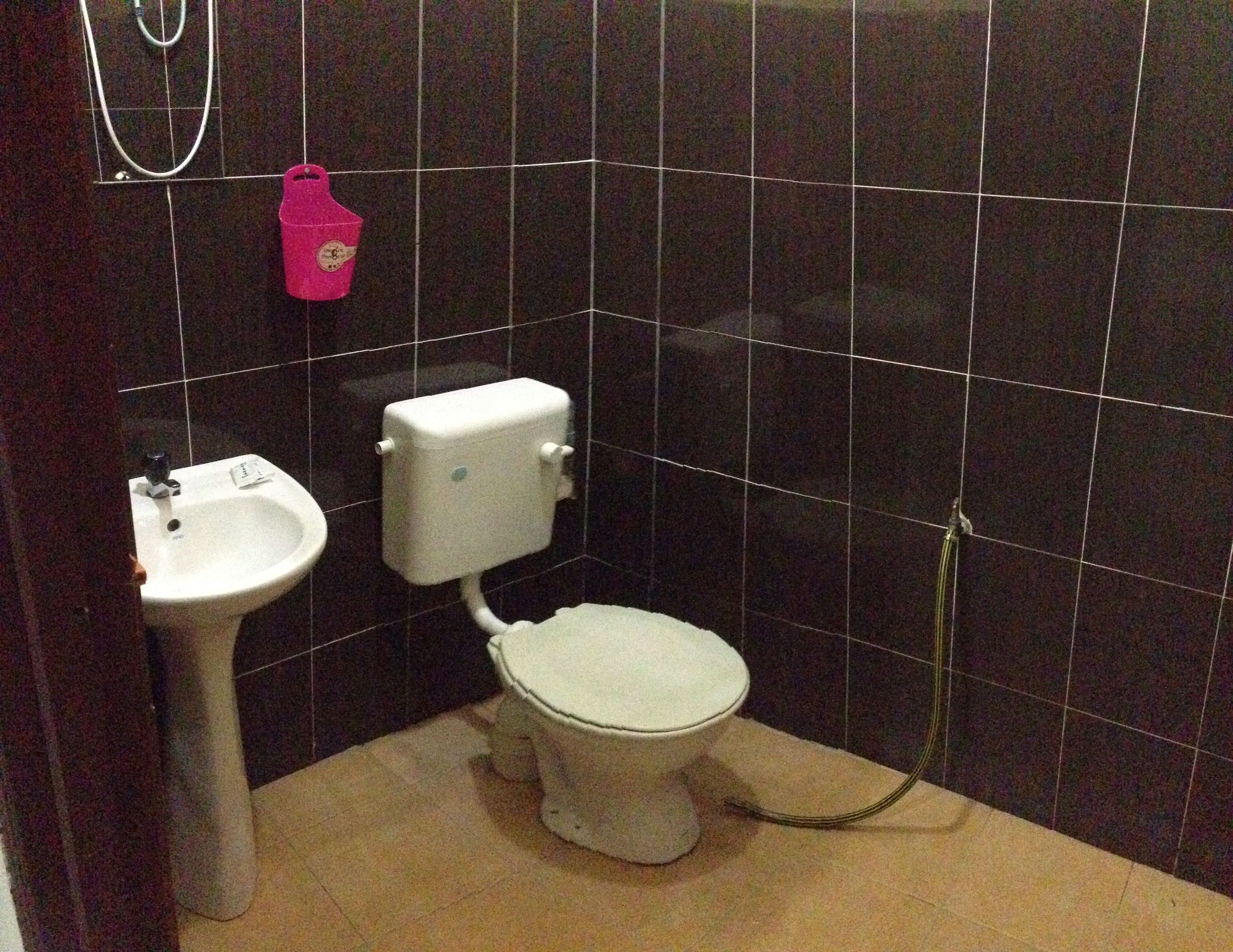 Un baño pequeño con inodoro, lavamanos y una botella rosa en la pared.