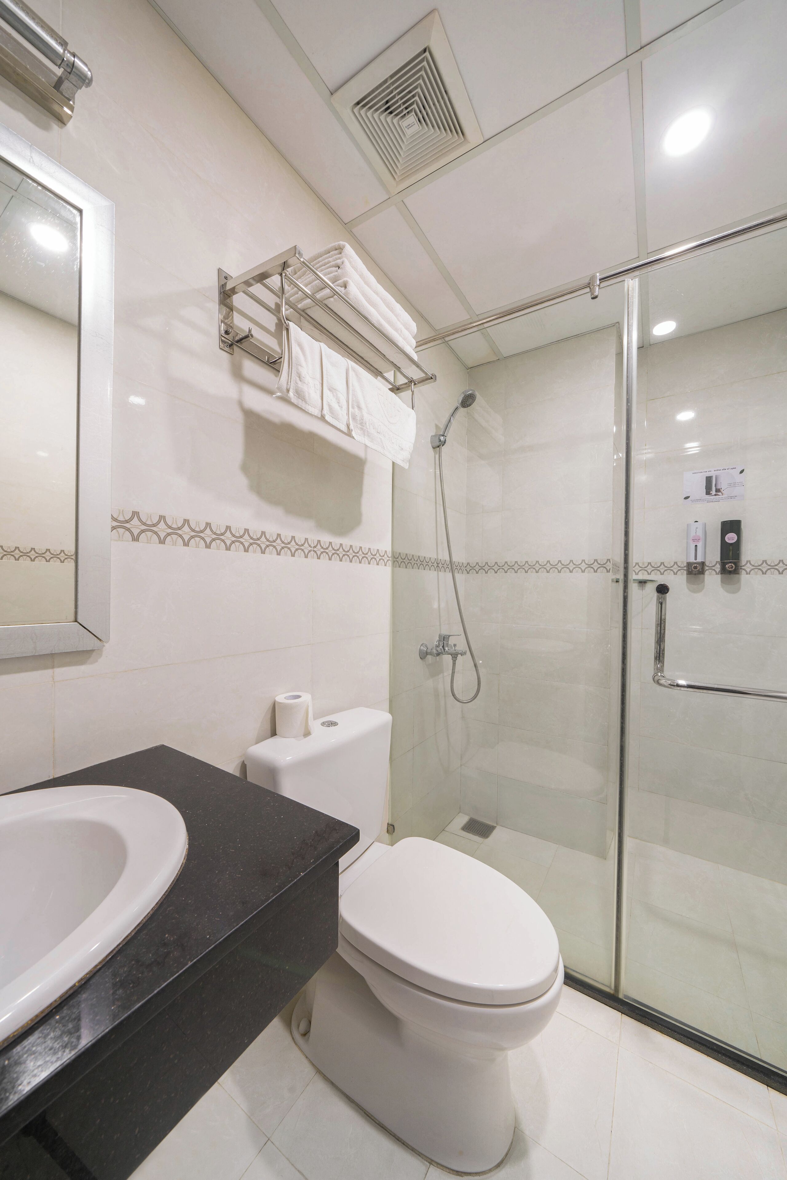A modern bathroom with a glass shower enclosure, a white toilet, a black countertop, and a mirror.