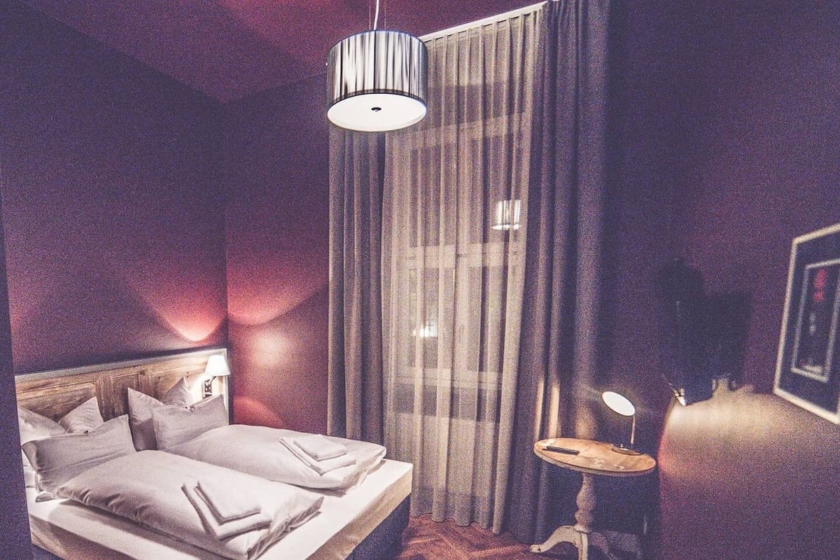 Desk, laptop workspace, blackout curtains